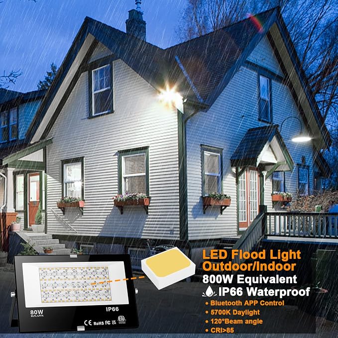 LED Flood Light Outdoor 800W Equivalent 8000LM, Smart RGB Color Changing Landscape Lighting with APP Control, IP66 Waterproof Outdoor LED Lights Daylight 5700K, DIY Scenes, Timing Floodlights, 1 Pack
