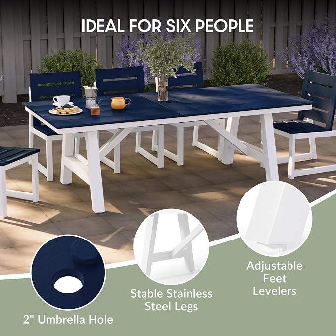 WestinTrends Cape May 90" HDPE Rectangle Outdoor Patio Dining Table with Umbrella Hole and Metal Frame, Navy Blue
