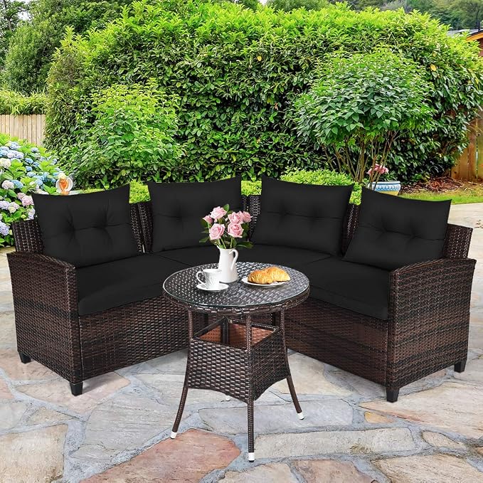 HAPPYGRILL 4 Pieces Rattan Patio Conversation Set, Outdoor Wicker Furniture Set with Cushioned Sofas and Coffee Table, L-Shape Sectional Curved Sofa Set for Garden Poolside Balcony
