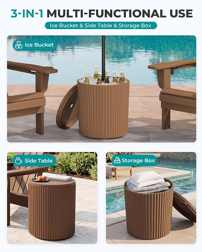 SERWALL Round Outdoor Umbrella Side Table, 3-in-1 Outdoor Patio Table with Umbrella Hole for Porch/Patio/Poolside, Brown