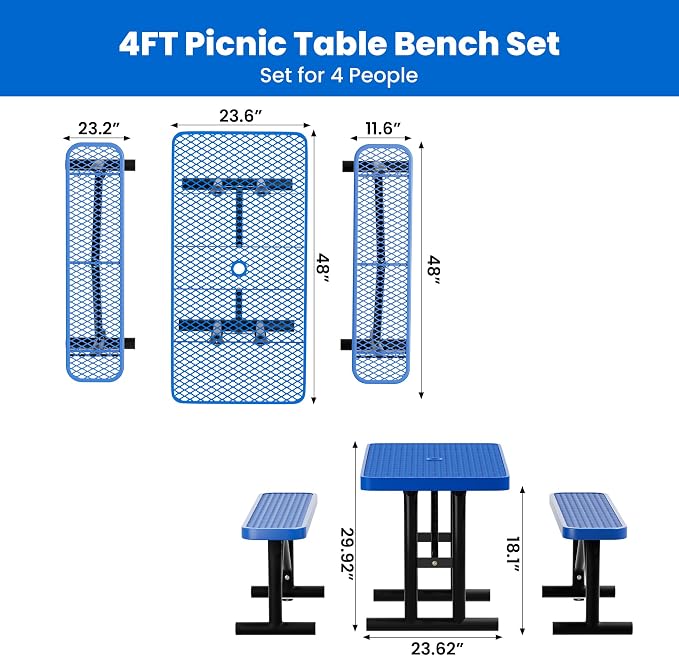 4FT Outdoor Metal Picnic Table with 2 Benches,Heavy Duty Rectangular Picnic Table Set for Outside, Waterproof Commercial Restaurant Table Furniture for Park, Campfield, Patio, Garden, Yard