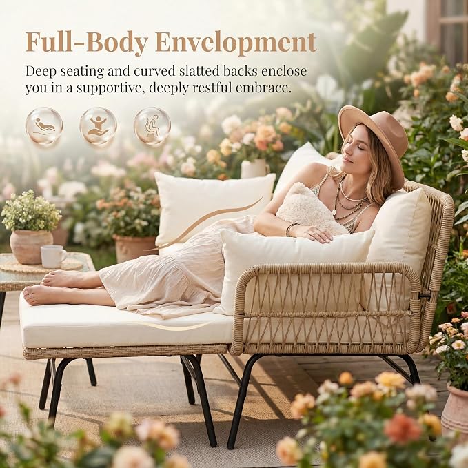 BULEXYARD 3 Pcs Boho Outdoor Patio Furniture Sets, L Shaped Natural Color Wicker Conversation Sectional Sofa w/Cozy Beige Cushion for Backyard, Porch, Deck, Garden, Balcony