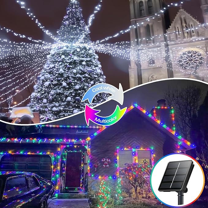 Solar Fairy Lights, 2 Pack Total 400LED 144FT Cool White to Multicolor | Waterproof Color Changing Solar String Lights Outdoor, Silver Wire, 8 Modes Solar Twinkle Lights for Tree Garden Yard Decor