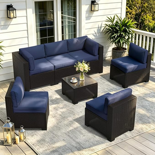 7 Pieces Outdoor Patio Furniture Set, Wicker Modular Sectional Sofa, All Weather Conversation Sets with Glass Table for Yard, Garden, Poolside