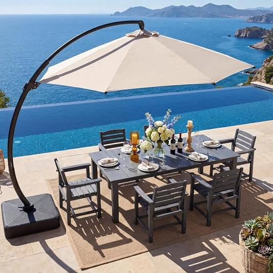 7-Piece Outdoor Dining Set with 11FT Umbrella for 6,Gray | 75.2'' HDPE table, chairs included, weather-resistant furniture with hole, ideal for lawn, poolside, yard, garden, deck