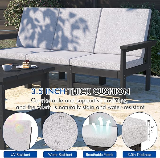 4-Piece HDPE Patio Furniture Set, All-Weather Outdoor Sectional Sofa Set with Coffee Table & Cushions - Wood-Like Composite Conversation Couch for Deck, Lawn, Balcony - Black Frame