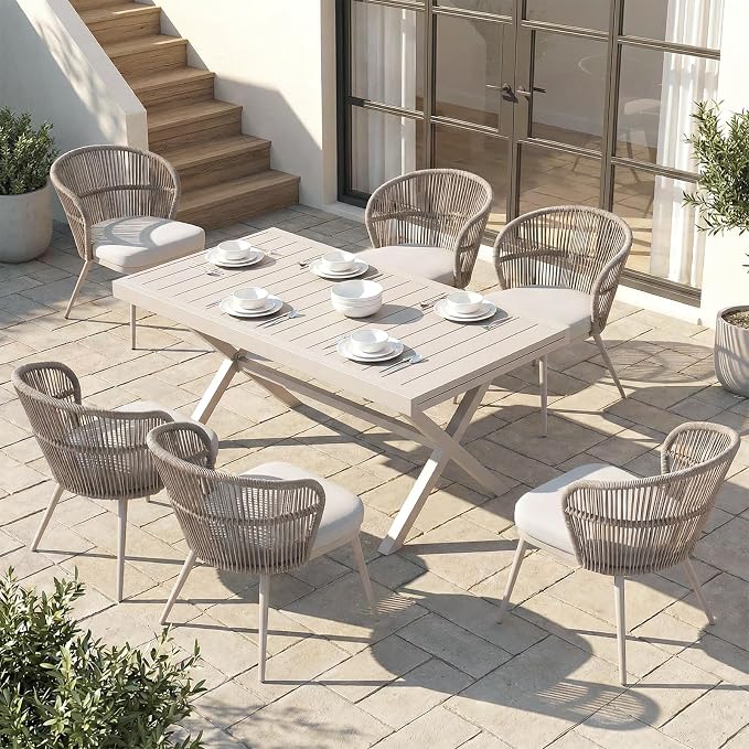 SUNSITT 7 Piece Outdoor Patio Dining Set, 65" - 107" Metal Expandable Outdoor Dining Table with X-Shape Legs, 6 Woven Wicker Outdoor Patio Chairs w/Removable Cushions for Garden, Beige