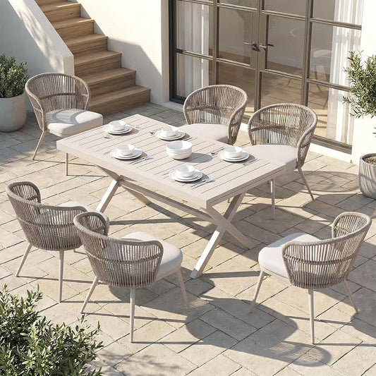 SUNSITT 7 Piece Outdoor Patio Dining Set, 65" - 107" Metal Expandable Outdoor Dining Table with X-Shape Legs, 6 Woven Wicker Outdoor Patio Chairs w/Removable Cushions for Garden, Beige