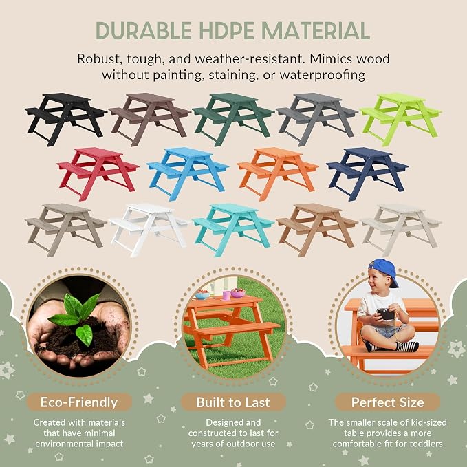 WestinTrends Malibu Outdoor Patio and Indoor Kids HDPE Plastic Picnic Bench Table, Orange