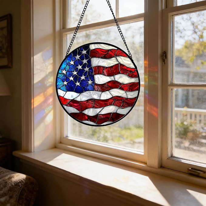 DASTOLL Stained Glass Window Hanging, Blue, White Red National Flag Pattern Sun Catchers Diamond Glass Panel Window Hangings Decor for Birthday Gifts for Women, Men, and Mom 11.8x11.8 in