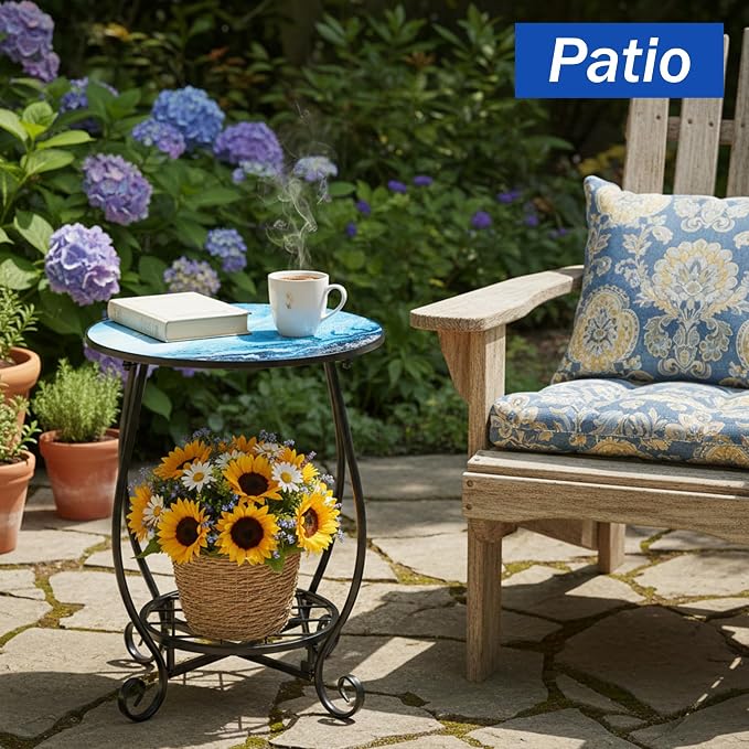 Outdoor Side Table - Double Layer Round Marble Pattern Patio Accent, 14 Inch Coffee Tea Metal Outside End Table for Yard Patio Porch Balcony Garden Indoor Living Room Bedroom Decor
