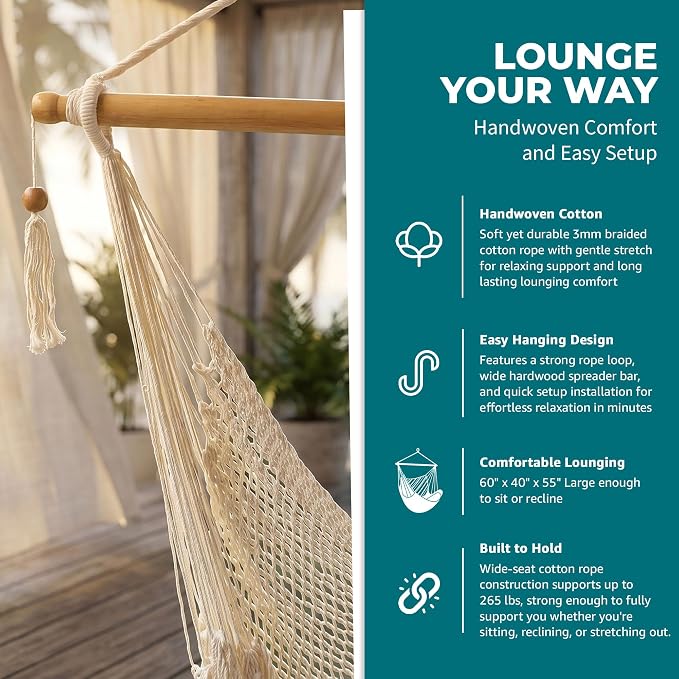 Bliss Hammocks BHC-412NT Island Rope Hammock Chair, Eco Friendly & Hand Woven, Varnish Coated 40 Inch Wood Spreader, Easy to Hang w/Included Hanging Kit, Supports up to 265 pounds, Natural Rope