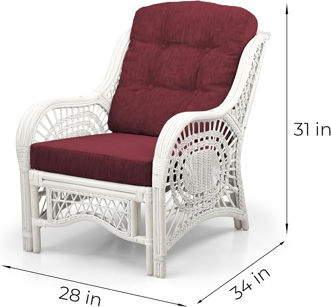 Malibu Lounge Set of 4: 2 Natural Rattan Wicker Chairs, Three-Seater Sofa with Dark Brown Cushions and Coffee Table with Glass Handmade, White Color