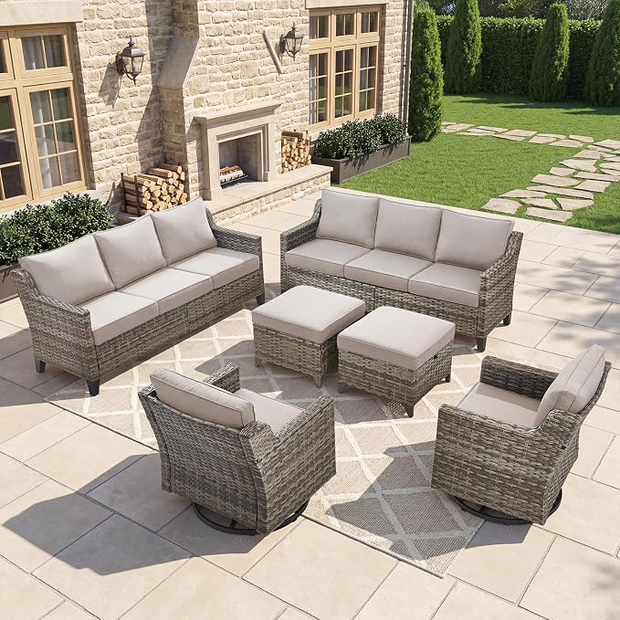 Belord Patio Wicker Swivel Rocker Patio Chairs with 3-Seater Sofa, Outdoor Rattan Chairs for Deck Porch Poolside, 6 Piece Luxury Patio Furniture Set, Beige