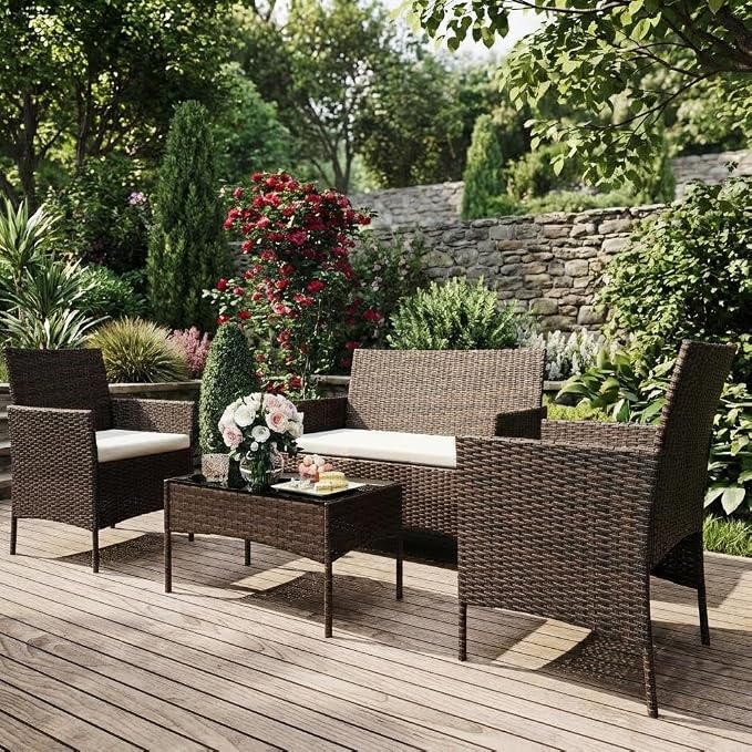 4PCS Outdoor Patio Bistro Set, PE Rattan Wicker Armchairs, Brown/Beige