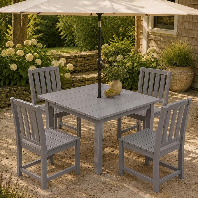 HDPE Outdoor Dining Set for 4, Square Table & Chairs Set | • All-Weather Polywood Composite • 410 lbs Heavy-Duty Support • Built-In 2" Umbrella Hole • Easy Soap-Water Wash