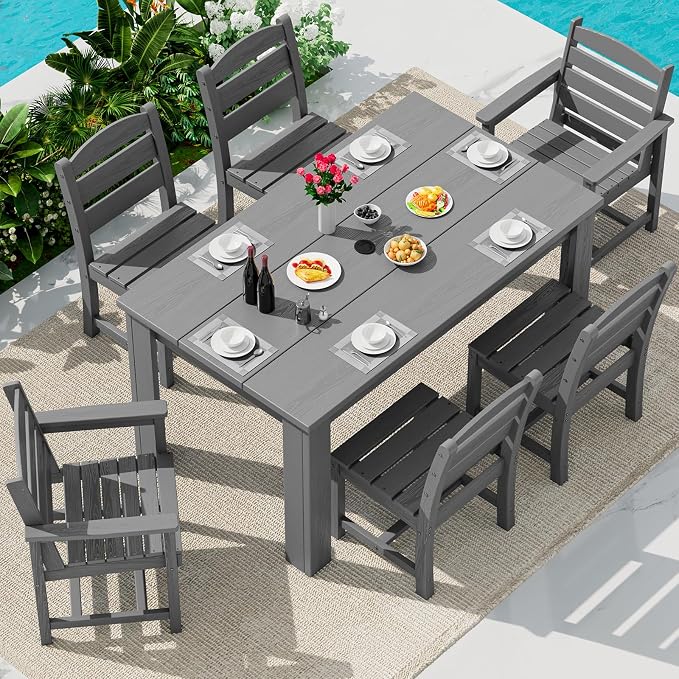 SERWALL 59" HDPE Outdoor Dining Set for 6, w/ 1 Table & 6 Chairs, Gray | Armless Patio Dining Sets for All Weather Use