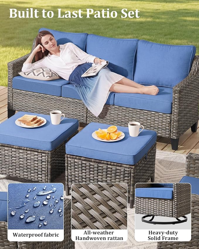 Outdoor Furniture Set of 6, Patio Sofa with Luxury 4" Cushion, Wicker Swivel Rocker Patio Chairs, and Fire Pit Table, High Back&Deep Seat for Garden Deck Porch Balcony Backyard - Blue