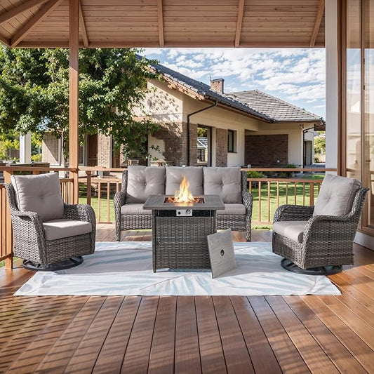 HUMMUH Patio Furniture with Fire Pit 4-Piece Wicker Outdoor Sectional Couch with Swivel Rocking Chairs, Propane Fire Pit Conversation Set for Garden, Backyard, Deck