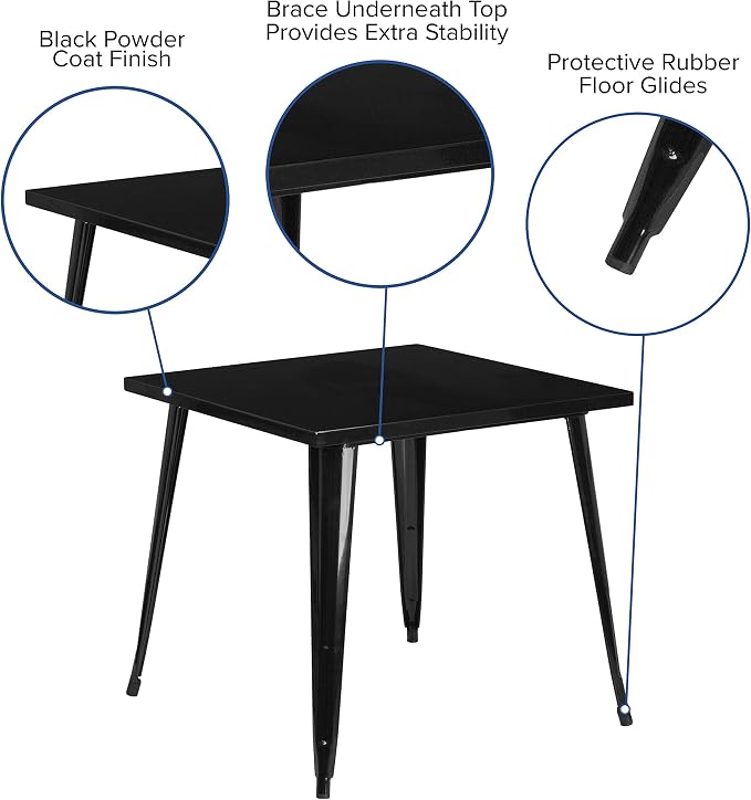 EMMA + OLIVER Commercial Grade 31.75" Square Black Metal Indoor-Outdoor Table