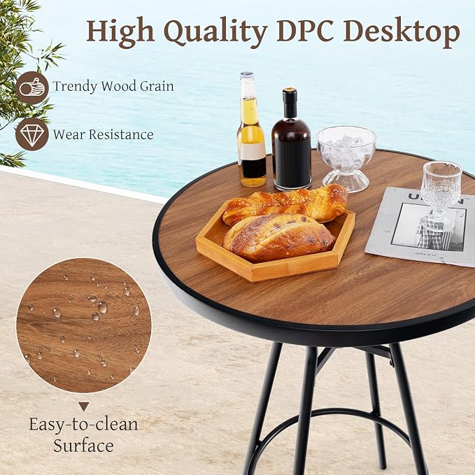 HAPPYGRILL Patio Bar Table with Umbrella Hole, 28” Outdoor Bar Height Table with Faux Wooden Top, Footrest, Patio Bistro Table for Poolside, Backyard, Garden