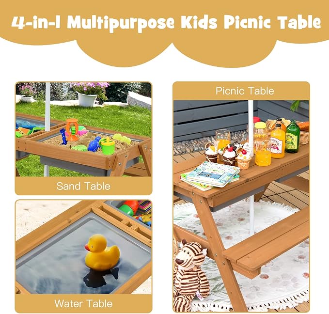 KOTEK Kids Picnic Table, 4 in 1 Sand and Water Table w/Detachable Tabletop, 2 Removable Play Boxes, Foldable & Height Adjustable Umbrella, Wood Sensory Table and Bench for Outdoors, Indoors (Natural)