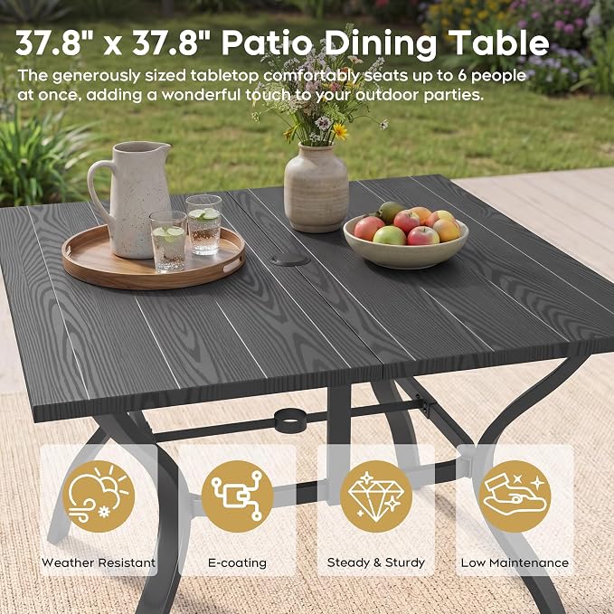 Outdoor Dining Table for 4-38" x 38" Matel Patio Table with E-Coated Finish, 1.6" Umbrella Hole for Garden, Backyard