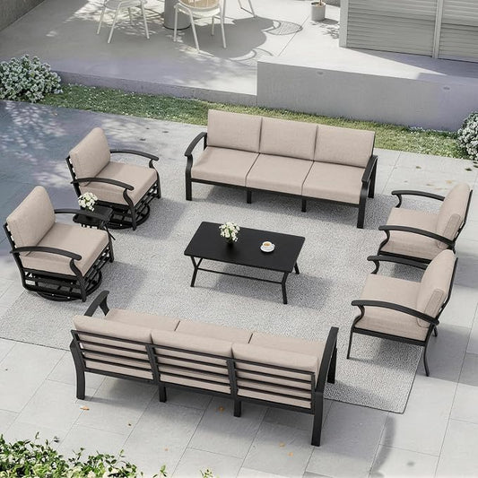 Kurapika Aluminum Patio Furniture Set 10-Seat Modern Metal Outdoor Conversation Sets w/Swivel Rocking Chairs Patio Sectional Sofa w/5.1 Inch Cushion with Rectangular Coffee Table, Sand
