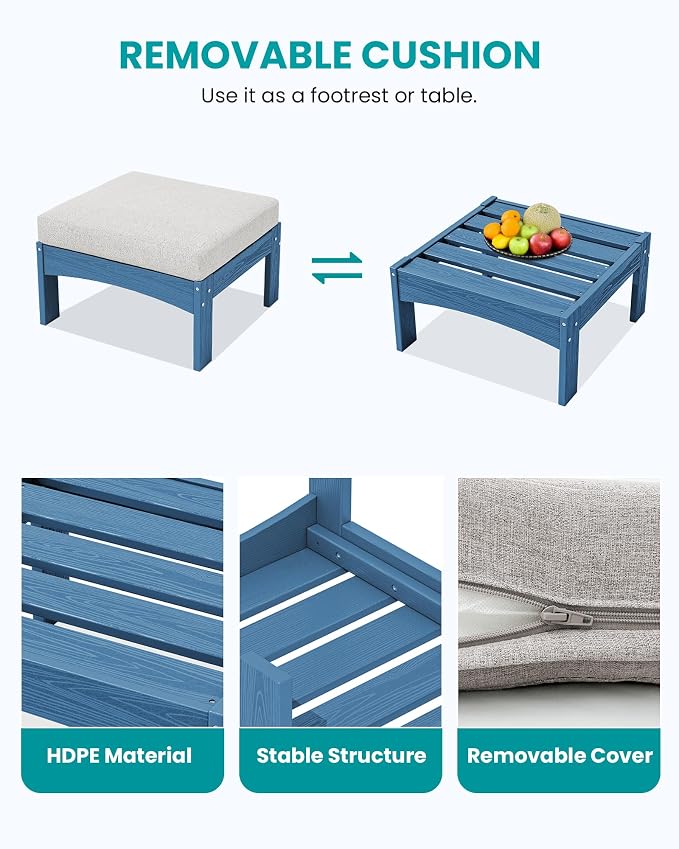 SERWALL 5-Piece Patio Sofas, All-Weather HDPE Outdoor Sectional Sofa with Cushions and Coffee Table, Large Modular Patio Conversation Set for Garden, Lawn, Deck, Porch, Blue Frame with Khaki Cushion