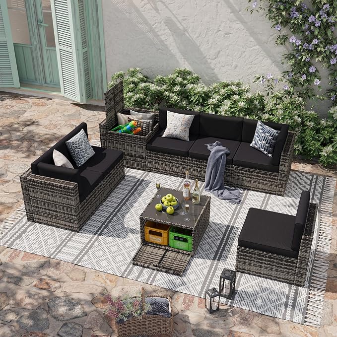 Aoxun 8 Piece Patio Furniture Set, Wicker Outdoor Furniture with Large Storage Table, Patio Conversation Sets with Waterproof Cover, Outdoor Sectional Sofas for Backyard Garden(Grey/Black)