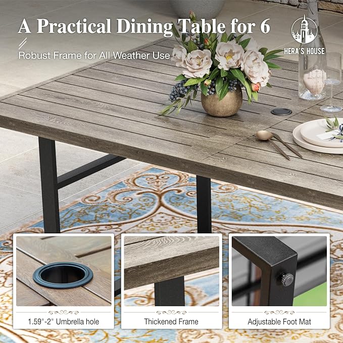 HERA'S HOUSE 7pc Outdoor Patio Dining Set, Wood-Look Metal Table, Brown | 6 textilene chairs, 64" rectangular table with umbrella hole. Waterproof, rust-resistant, all-weather for yard, porch