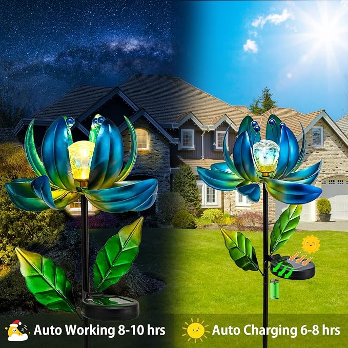 Solar Garden Lights Metal Flower Decor, Colorful Spinning Windmill Lotus Pathway Ligths with LED Cracked Crystal Ball Outdoor Decorative Stake Lighting Waterproof Flower Sculpture for Patio Yard