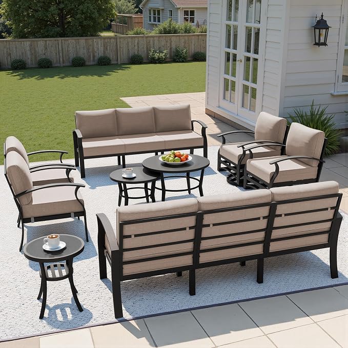 Kullavik Aluminum Patio Furniture Set,8 Piece Modern Metal Outdoor Patio Furniture w/5.1'' Thick Cushion,Swivel Chairs and Round Coffee Table,Patio Conversation Sets for Porch,Deck,Sand