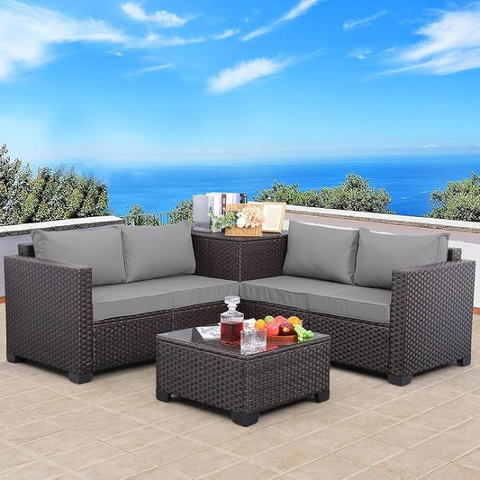 4-Piece Outdoor Patio Furniture Set with Dark Brown PE Wicker Rattan Sectional Loveseat Couch, Conversation Sofa with Storage Box, Glass Top Table, and Non-Slip Grey Cushions for Backyard Garden Loung