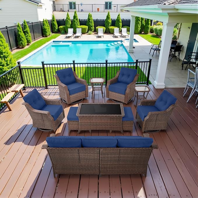Belord 10 Piece High Back Outdoor Patio Furniture Set - Patio Conversation Set with Swivel Rocker Outdoor Chairs Set of 4 and 3 Seater Sofa, Wicker Ottoman and Coffee Table for Garden Backyard