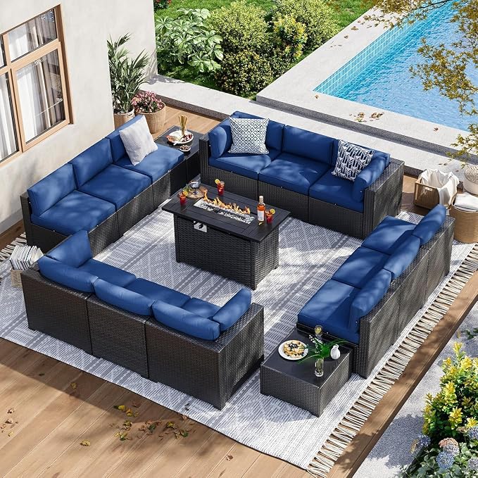 Aoxun 15 Piece Patio Furniture Set with 44” Fire Pit Table, Wicker Rattan Patio Sectional Sofa, Outdoor Furniture Set with Thickened Cushion, Blue