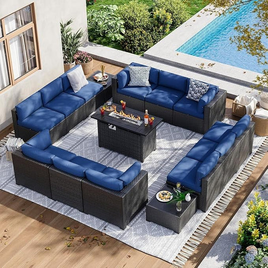 Aoxun 15 Piece Patio Furniture Set with 44” Fire Pit Table, Wicker Rattan Patio Sectional Sofa, Outdoor Furniture Set with Thickened Cushion, Blue