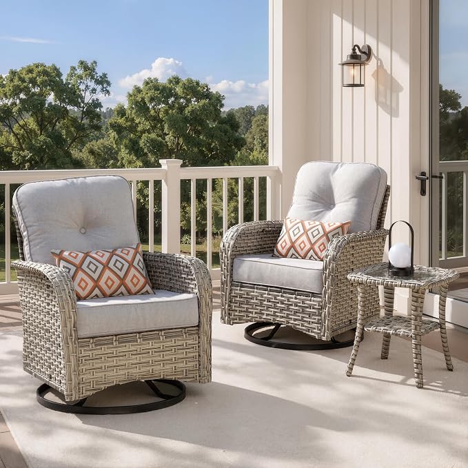 Outdoor Swivel Rocking Chair Set of 2 with Coffee Table, Wicker Patio Glider Chairs with 4 Inch Thick Cushions, 350lbs Capacity High Back Rattan Furniture Set for Sunroom and Small Spaces, Light Gray