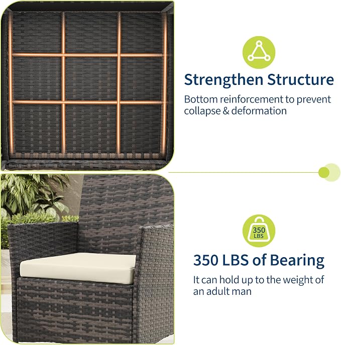 3-Piece Outdoor Patio Conversation Set – PE Rattan Wicker, Water-Resistant Cushions, Tempered Glass Table – All-Weather Garden Furniture – Brown Four-Strand Vine/Creamy-White Cushion