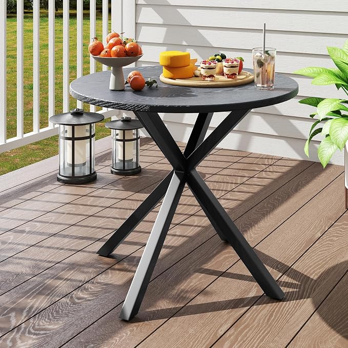 34” Round Dining Table, 4 Person Kitchen Table with Wood-Like Tabletop & X-Shaped Metal Frame, Indoor-Outdoor Coffee Table for Backyard, Balcony, Poolside, Garden, Lawn