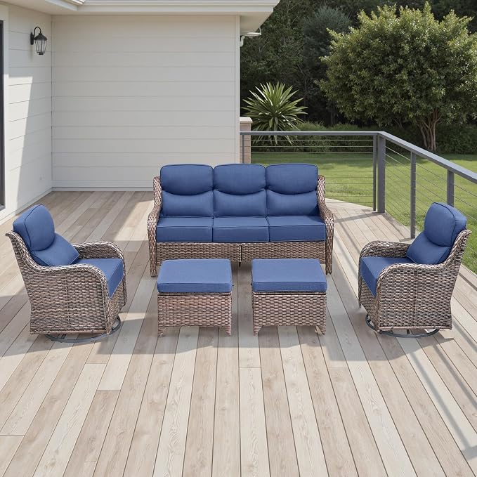 Rilyson Wicker Outdoor Patio Furniture Set - 5 Piece Patio Conversation Sets with Swivel Rocker Chairs, Ottomans and Sofa, 6 inch Cushions, Waterproof Wicker, for Porch Deck Brown/Blue