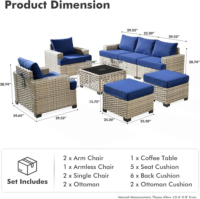 8 Pcs Outdoor Sectional Patio Furniture Set with Ottomans - All Weather Wicker Modular Outside Sectional Couch,Patio Seating Outdoor Conversation Sets for Deck Yard Garden,Navy Blue