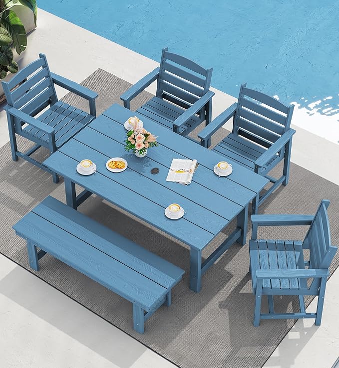 SERWALL 67" Rectangle Outdoor Dining Table for 6, Blue | Patio Dining Table with an umbrella hole, HDPE Outdoor Dining Table which can holds up to 220LBS