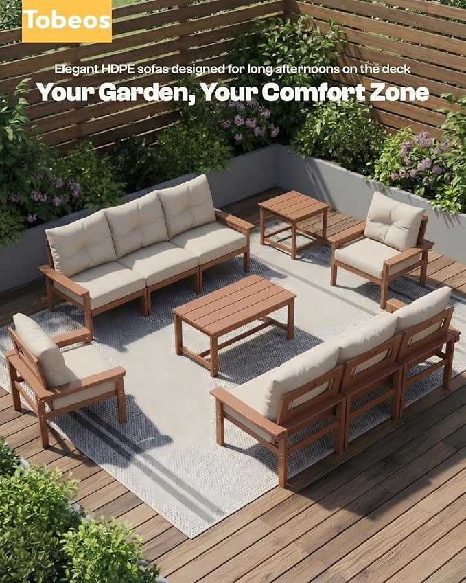 HDPE 10 Piece Outdoor Patio Furniture Set, All-Weather Outdoor Couch Set with Thick Cushions & Coffee Table, Patio Conversation Set for Lawn, Porch, Garden, Balcony, Deck, Poolside, Teak Beige