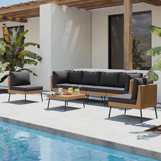 Aoxun Patio Furniture Set, 7 Piece Outdoor Sectional Sofas with Thick Cushion, Wicker Outdoor Patio Furniture Set with Coffee Table for Party, Garden, Backyard, Black