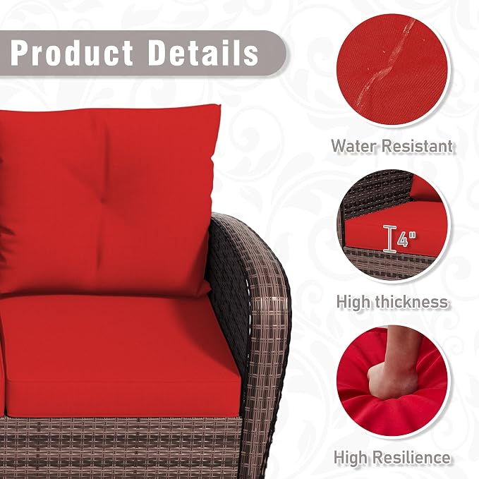 7 Piece Patio Conversation Set – 2 Swivel Rocking Chairs, 2 Coffee Tables & 3-Seater Sofa | PE Wicker Patio Sectional | Heavy-Duty Steel Frame & Weatherproof Cushions, Red