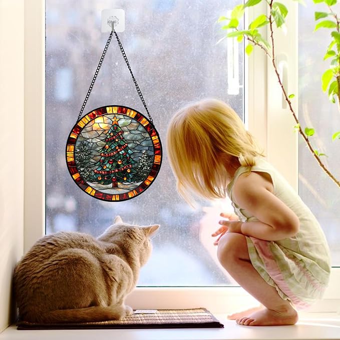 DASTOLL Stained Glass Window Hanging - Winter Christmas Tree Suncatcher Ready to Hang Window Doors Home Decoration, Christmas, Mother's Day Birthday Gifts for Women, Men, and Mom 11.8x11.8 in