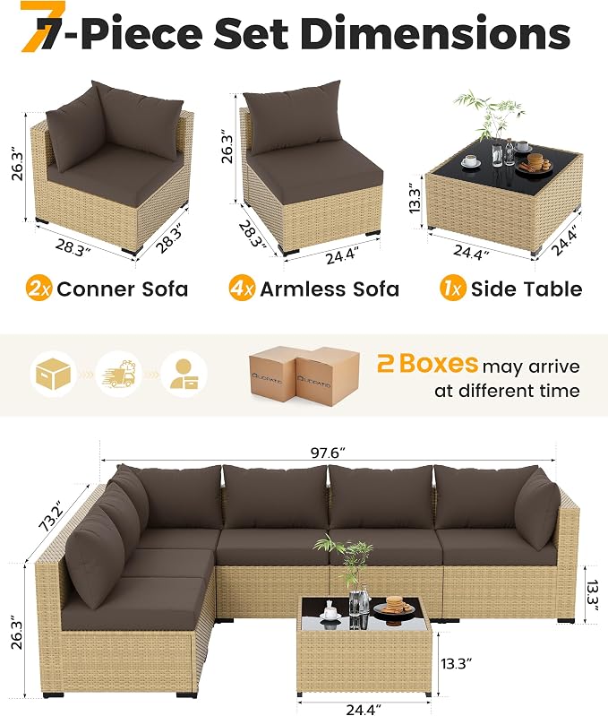 UDPATIO Furniture Set with Fire Pit Table, 8 Piece Sectional Sofas, All-Weather Wicker Conversation for Garden, Backyard, Yellow/Brown