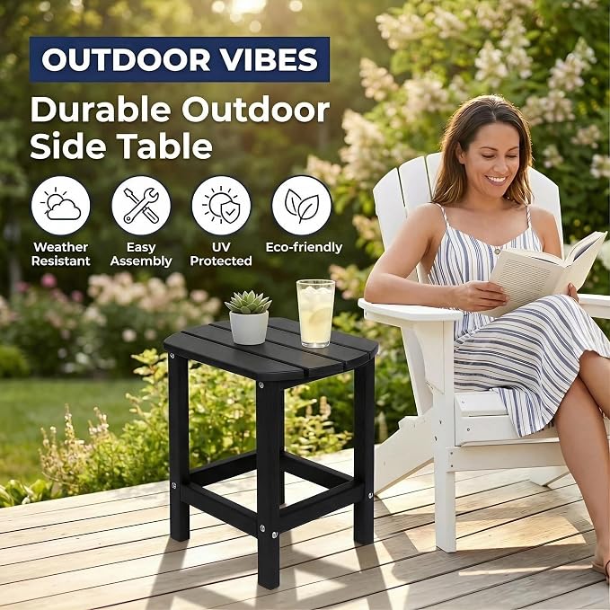 AMILY HDPE Outdoor Side Table, Weather Resistant Patio End Table, Heavy Duty Adirondack Side Table for Garden, Balcony, Poolside, Easy Assembly (Black)