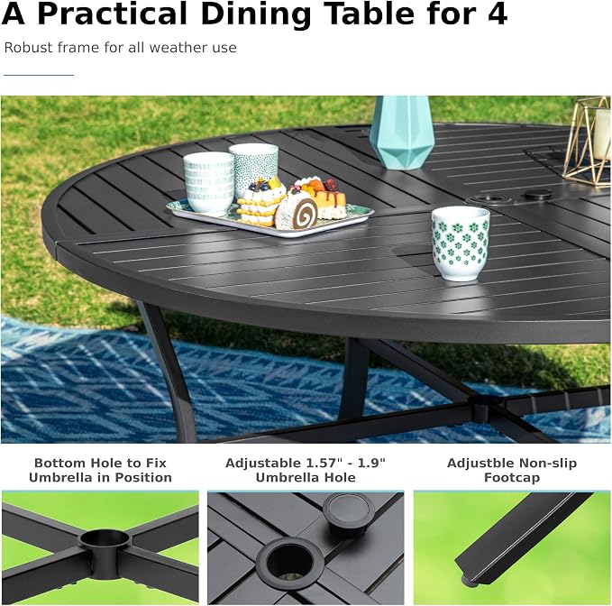MFSTUDIO 5 PCS Outdoor Dining Set, Round Table & Aluminum Chairs, Beige | Stackbale textilene chairs, Light-weight & space-saving, Square Table, Umbrella Hole, Patio deck, 4 person